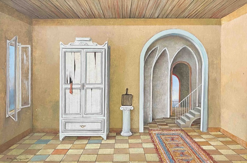 Aldo Bressanutti - Armadio con griglia - olio su tavola  - cm. 20x30